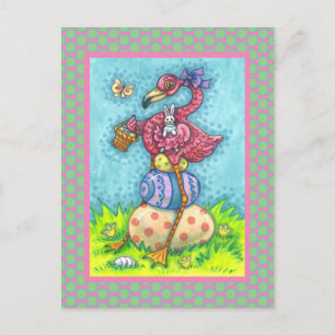 EASTER EGGS AND CUTE BABY PINK FLAMINGO WITH BUNNY POSTCARD
