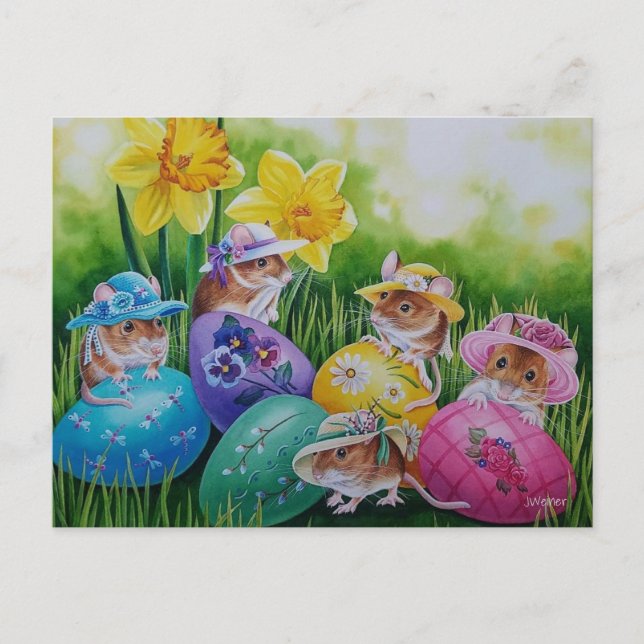 Easter Eggs and Field Mice Watercolor Art Postcard (Front)