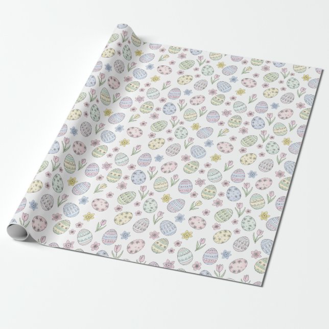 Easter Eggs and Flowers Pastel Colors Wrapping Paper (Unrolled)