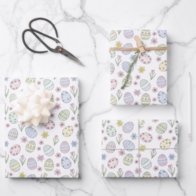 Easter Eggs and Flowers Pastel Colors Wrapping Paper Sheet (Front)
