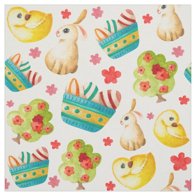 Easter Eggs Basket Chicks Bunny Rabbits Pattern Fabric (Swatch)