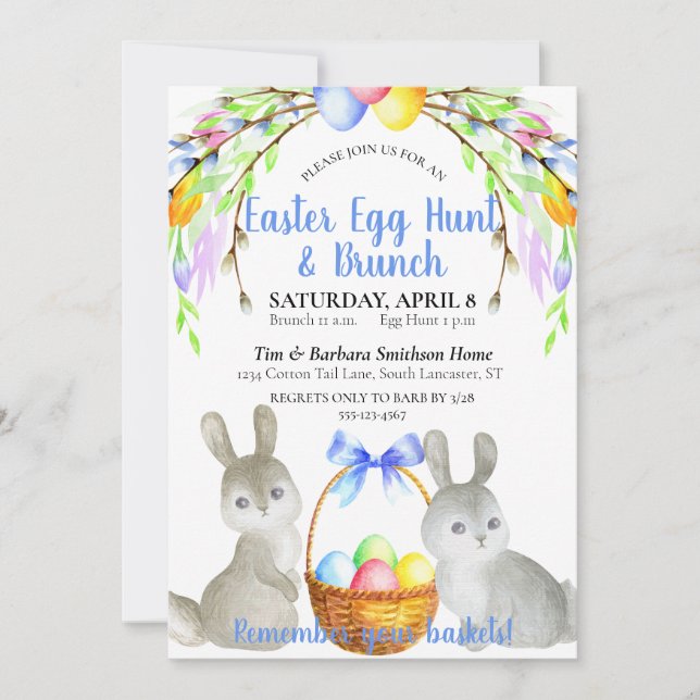 Easter Eggs, Bunnies, Spring Flowers Blue Brunch Invitation (Front)
