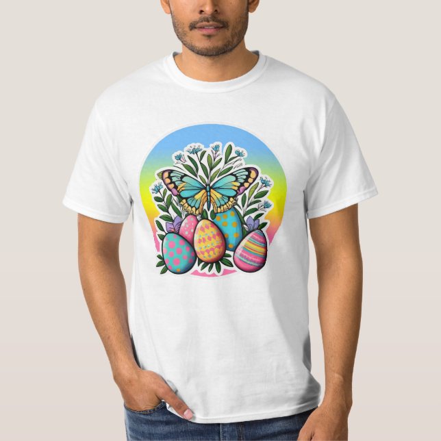 Easter Eggs, Butterflies and Spring Flowers T-Shirt (Front)