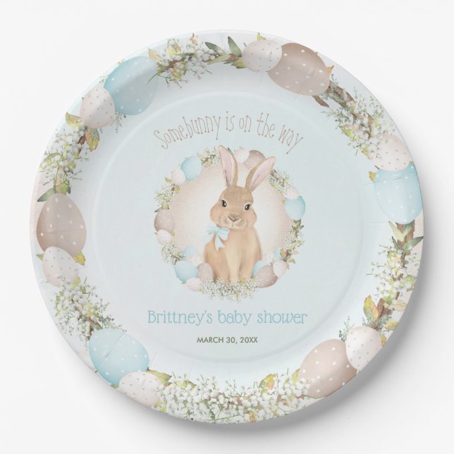 Easter Eggs Cute Bunny Spring Blue Boy Baby Shower Paper Plate (Front)