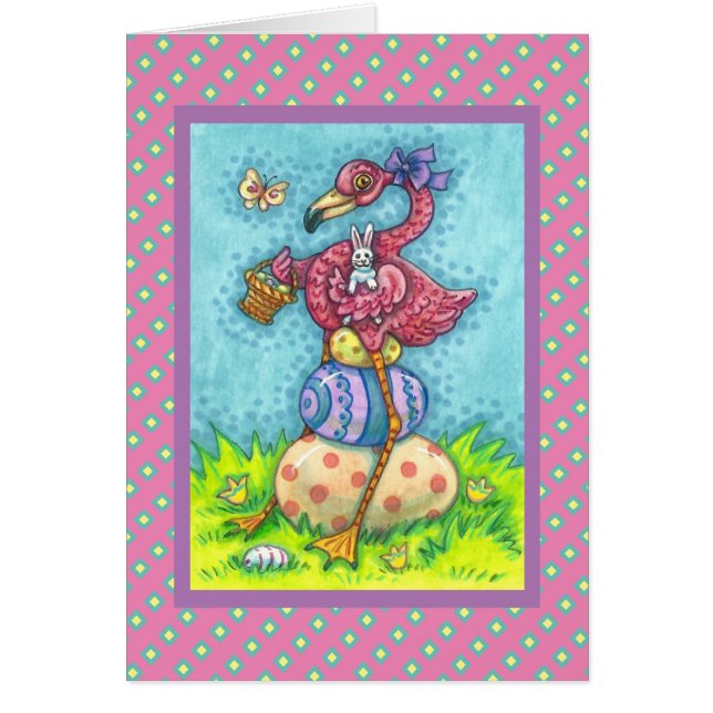 EASTER EGGS, CUTE PINK FLAMINGO, BUNNY Verse CARD (Front)