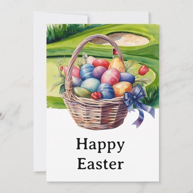 Easter eggs for golfer on green grass  holiday card (Front)