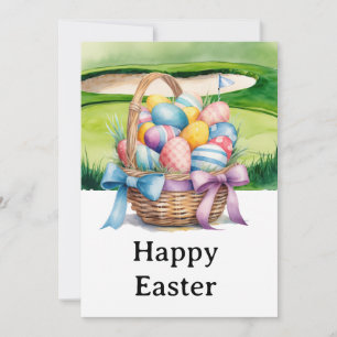 Easter eggs for golfer on green grass holiday card