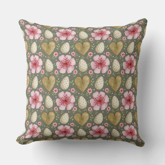 Easter Eggs, Hearts and Flowers Easter Cushion (Front)