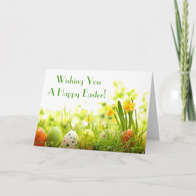 Easter Eggs Hiding in Grass with Daffodils Holiday Card (Front)
