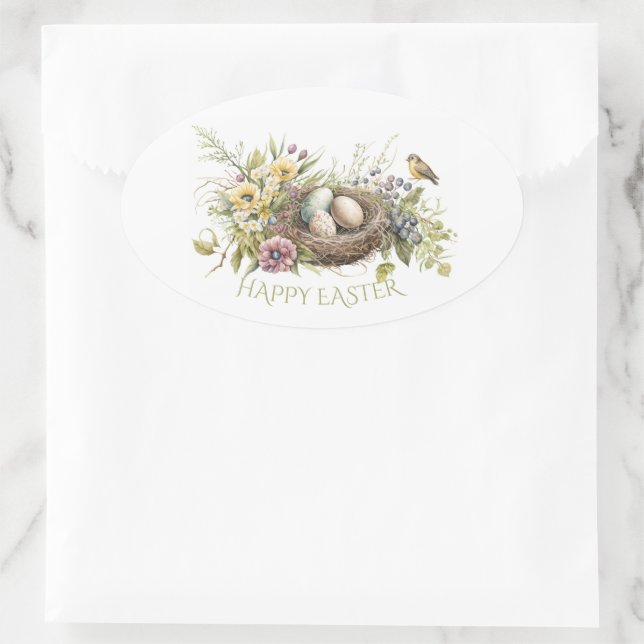 Easter Eggs In A Floral Bird Nest Oval Sticker (Bag)