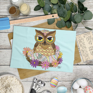 Easter Eggs Owl Nest Tea Towel