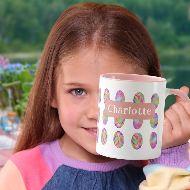 Easter Eggs personalised Name Pink Mug (Personalized Easter egg hunt spring brunch pink mug)
