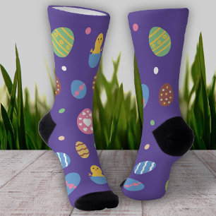 Easter Eggs, Polka Dots and Chick on Purple Socks