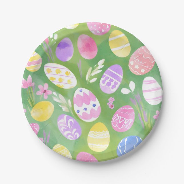 Easter Eggs | Pretty Pastel Watercolor Egg Hunt Paper Plate (Front)