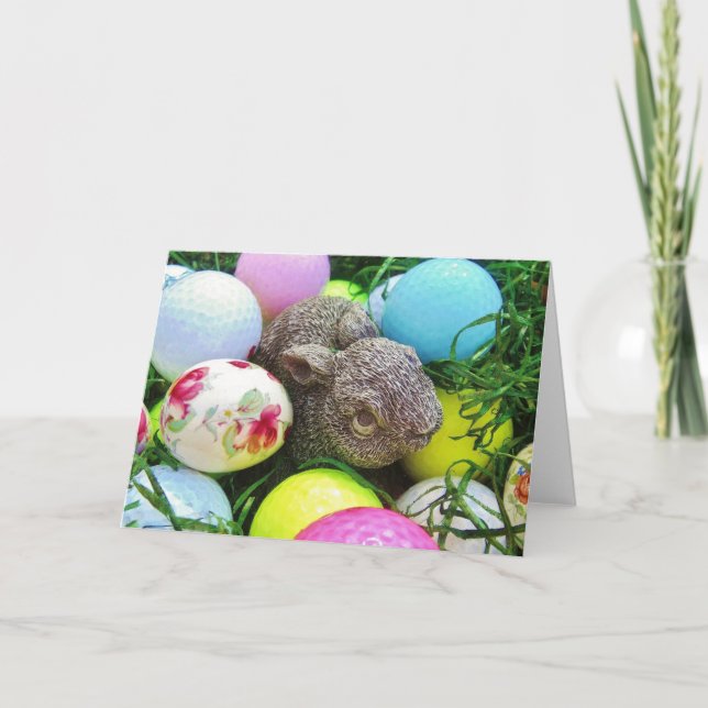 Easter Eggs, Rabbit , pastel coloured Golf Balls Holiday Card (Front)
