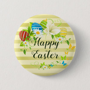 Easter Eggs Spring Flowers and Butterflies Wreath 6 Cm Round Badge