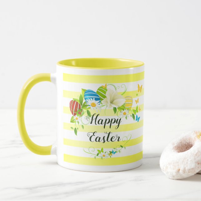Easter Eggs Spring Flowers and Butterflies Wreath Mug (With Donut)