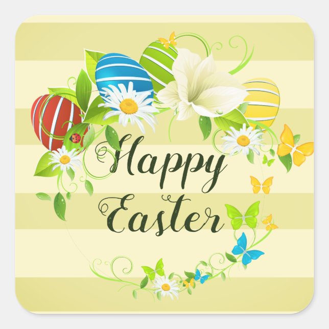 Easter Eggs Spring Flowers and Butterflies Wreath Square Sticker (Front)