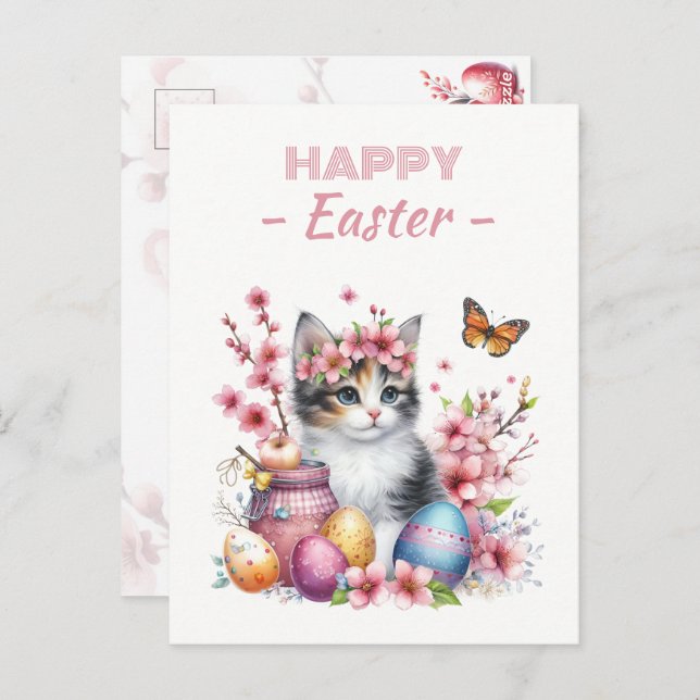 Easter Eggs Watercolor Kitten Cherry Blossoms Postcard (Front/Back)