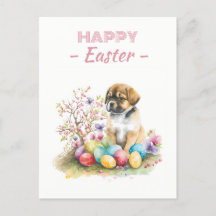 Easter Eggs Watercolor Puppy Cherry Blossoms