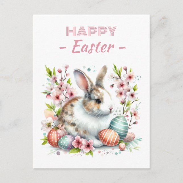 Easter Eggs Watercolor Rabbit Cherry Blossoms Postcard (Front)