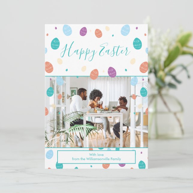 Easter Eggs Whimsical Teal Family Photo Holiday (Standing Front)
