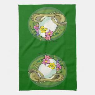 Easter Eggs with Spring Flowers Green Tea Towel