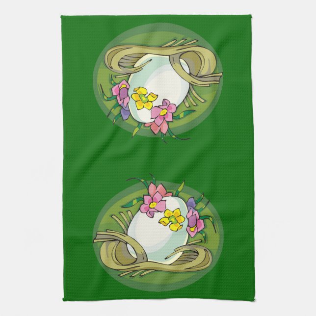 Easter Eggs with Spring Flowers Green Tea Towel (Vertical)