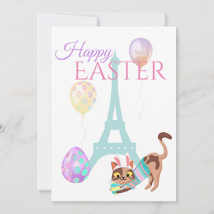 Easter Eiffel Tower and Cat Pastel Balloons Holiday Card