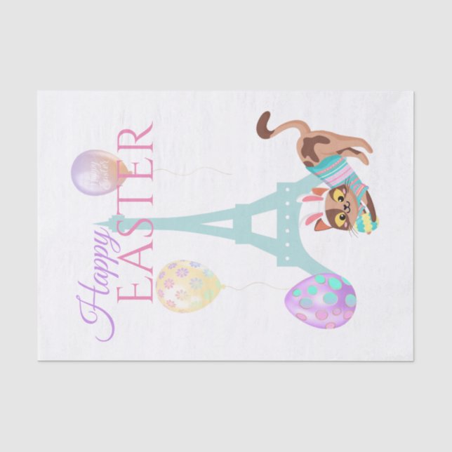 Easter Eiffel Tower and Cat Pastel Balloons Tissue Paper (Front)