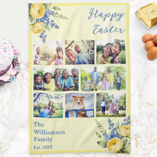 Easter Family Photo Collage Spring Flowers Yellow Tea Towel