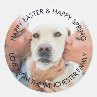 Easter family photo custom black text holiday  classic round sticker