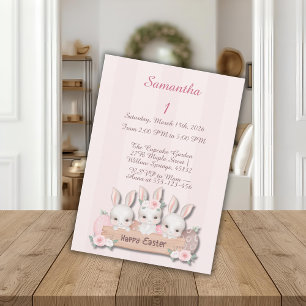 Easter First Birthday Invite - Kawaii Bunnies 
