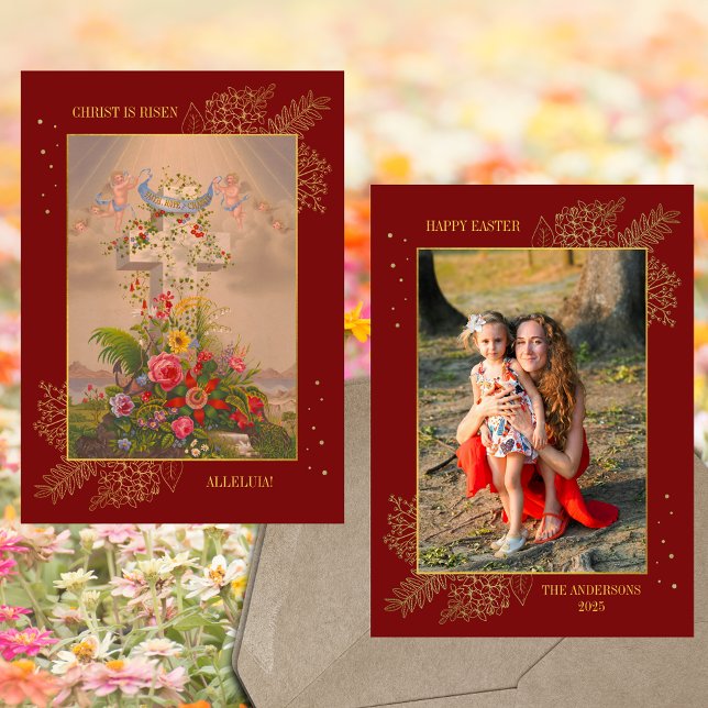 Easter Floral Cross Christ is Risen Family Photo Holiday Card (Easter Religious Christian Catholic Floral Cross Jesus Christ is Risen Family Photo Holiday Card)