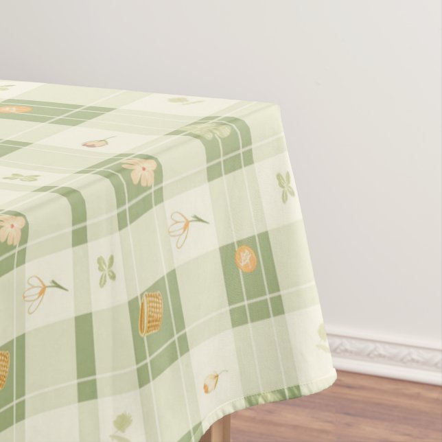 Easter Flower Yellow Green Plaid Pattern Tablecloth (In Situ)