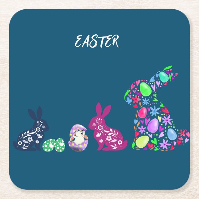 "EASTER" FLOWERED BUNNY'S  SQUARE PAPER COASTER (Front)