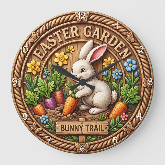 Easter Garden Whimsical Bunny Trail Large Clock (Front)