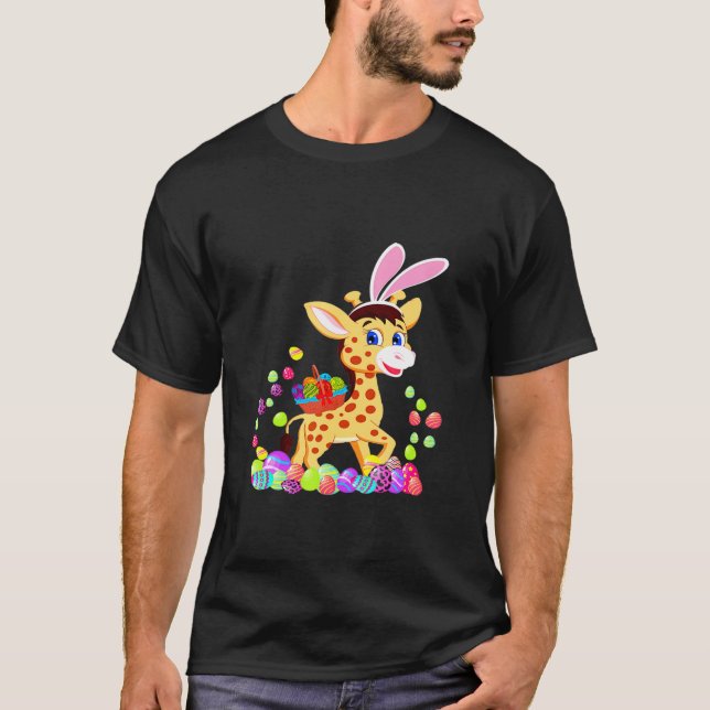 Easter Giraffe Bunny Giraffe Holding Easter Egg T-Shirt (Front)