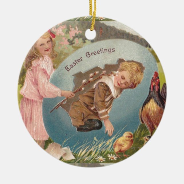 Easter Girl and Boy Victorian Antique Postcard Ceramic Tree Decoration (Front)