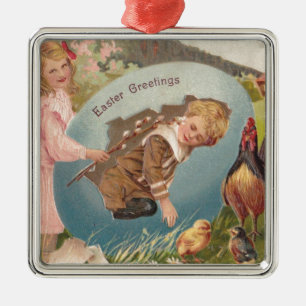 Easter Girl and Boy Victorian Antique Postcard Metal Tree Decoration