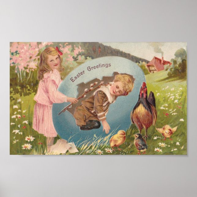 Easter Girl and Boy Victorian Antique Postcard Poster (Front)