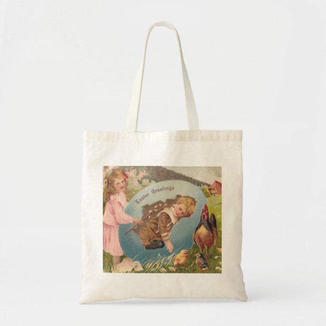 Easter Girl and Boy Victorian Antique Postcard Tote Bag (Front)