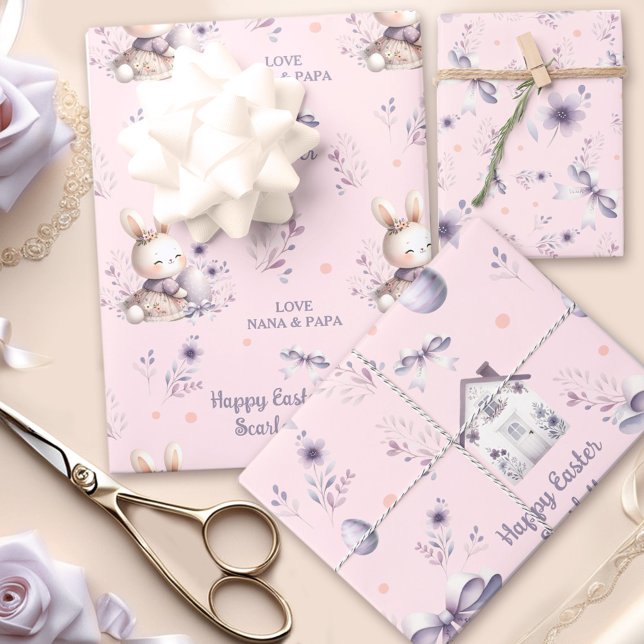 Easter Girl Bunny Personalised Name Pink Purple Wrapping Paper Sheet (Easter Girl Bunny Personalized Name Pink Purple Wrapping Paper Sheets)