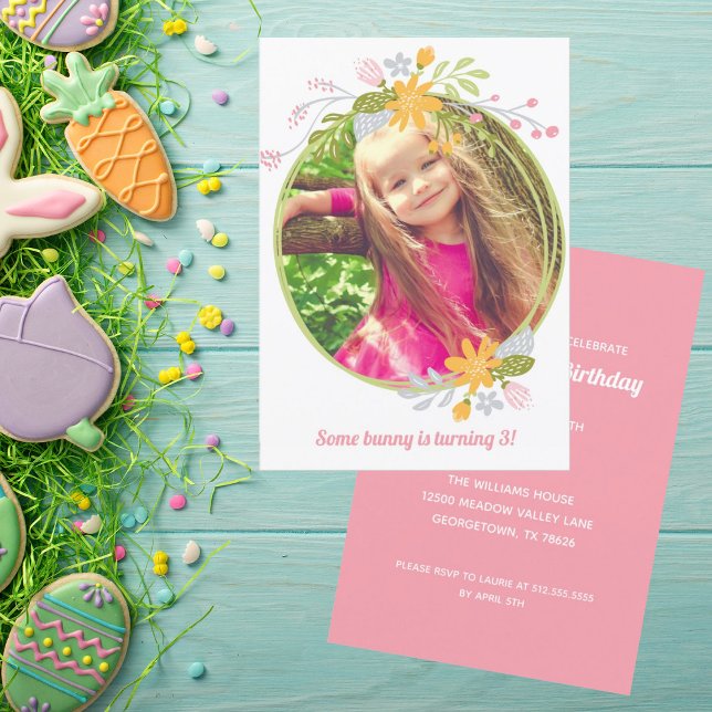 Easter Girl Photo Cute Pink Floral Birthday Party Invitation (Creator Uploaded)