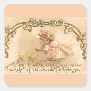 Easter- Girl Pink Dress Chicks - Antique Postcard Square Sticker