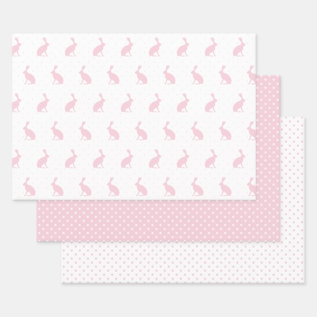 Easter Girly Pink Bunnies and Polka Dots Pattern. Wrapping Paper Sheet (Set)
