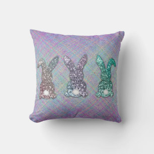 Easter Glitter Pastel Glam Bunnies On Plaid  Cushion