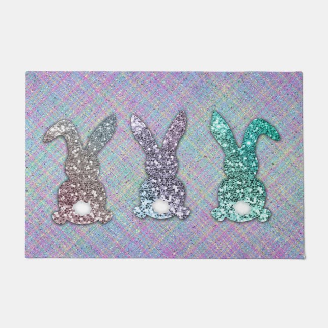 Easter Glitter Pastel Glam Bunnies On Plaid  Doormat (Front)