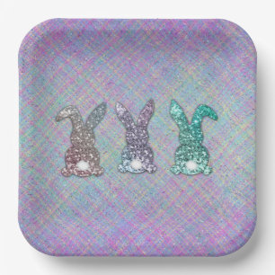 Easter Glitter Pastel Glam Bunnies On Plaid  Paper Plate