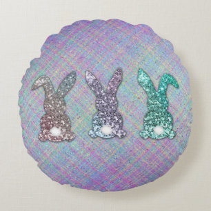 Easter Glitter Pastel Glam Bunnies On Plaid Round Cushion
